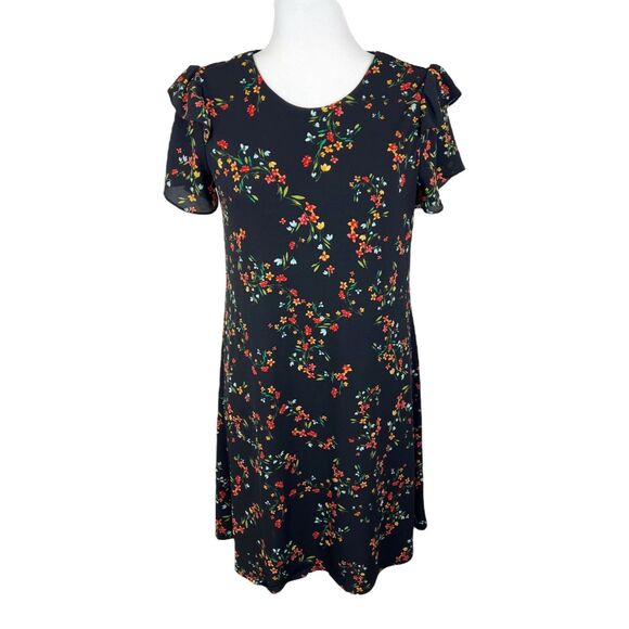 Cece Dress Women Small Black Yellow Floral All Over Print Flutter Sleeve A-Line - Picture 1 of 13